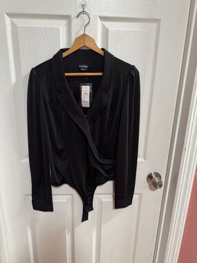 bebe Black Satin Wrap-Front Blazer Bodysuit